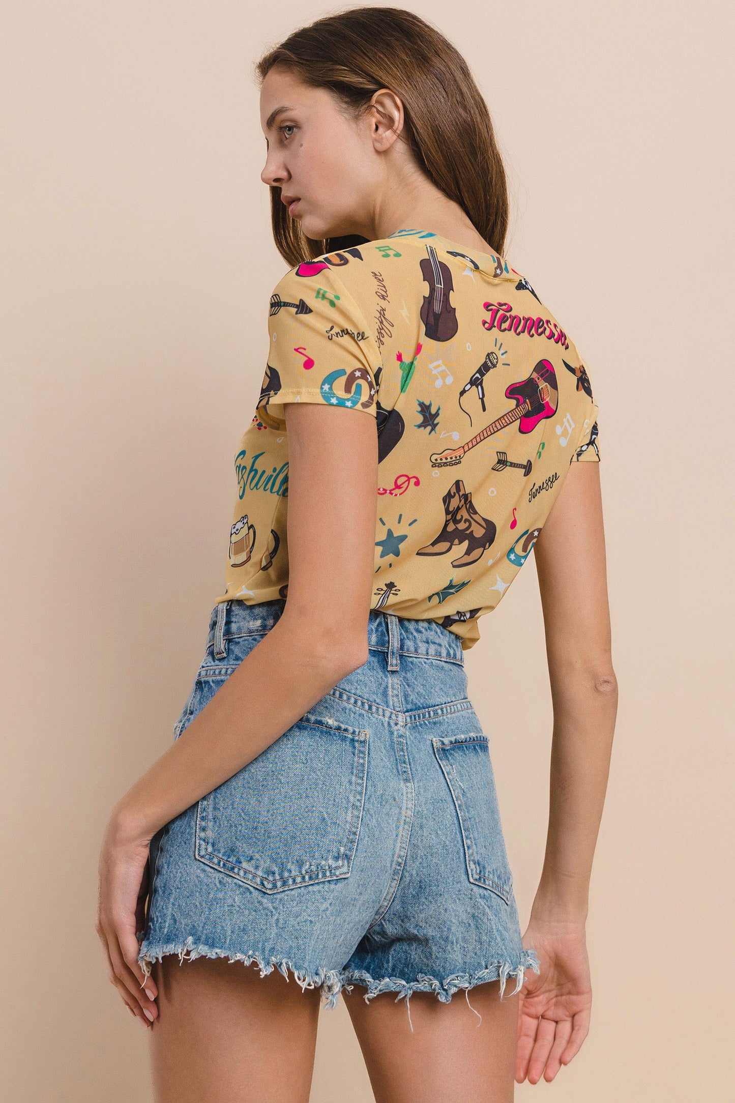 Western Nashville Music Print Mesh Top
