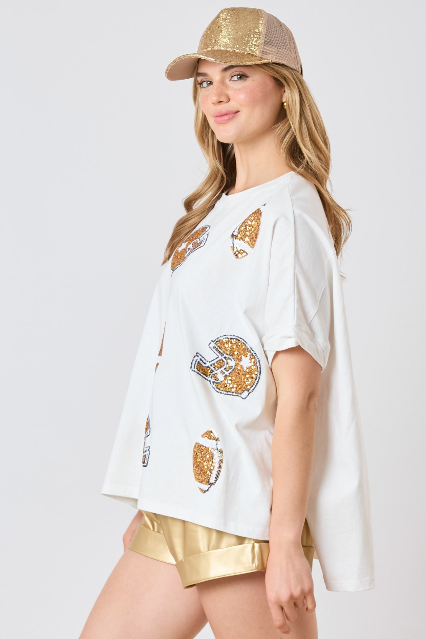 Football& Helmet Sequins Short Sleeve Top