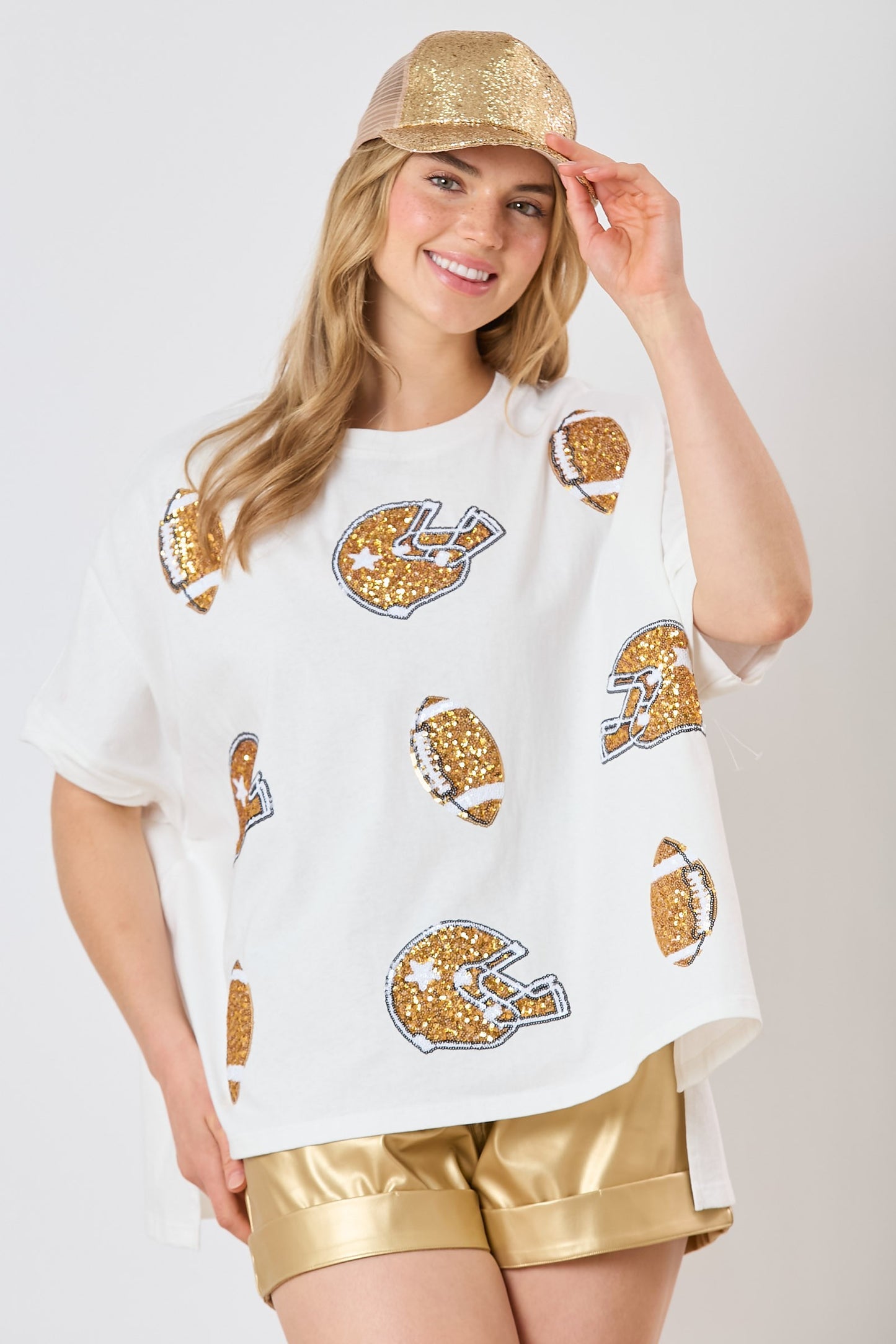 Football& Helmet Sequins Short Sleeve Top