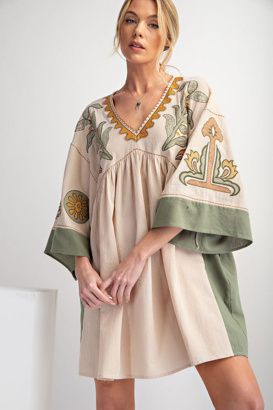 EMBROIDERED POLY LINEN WOVEN DRESS