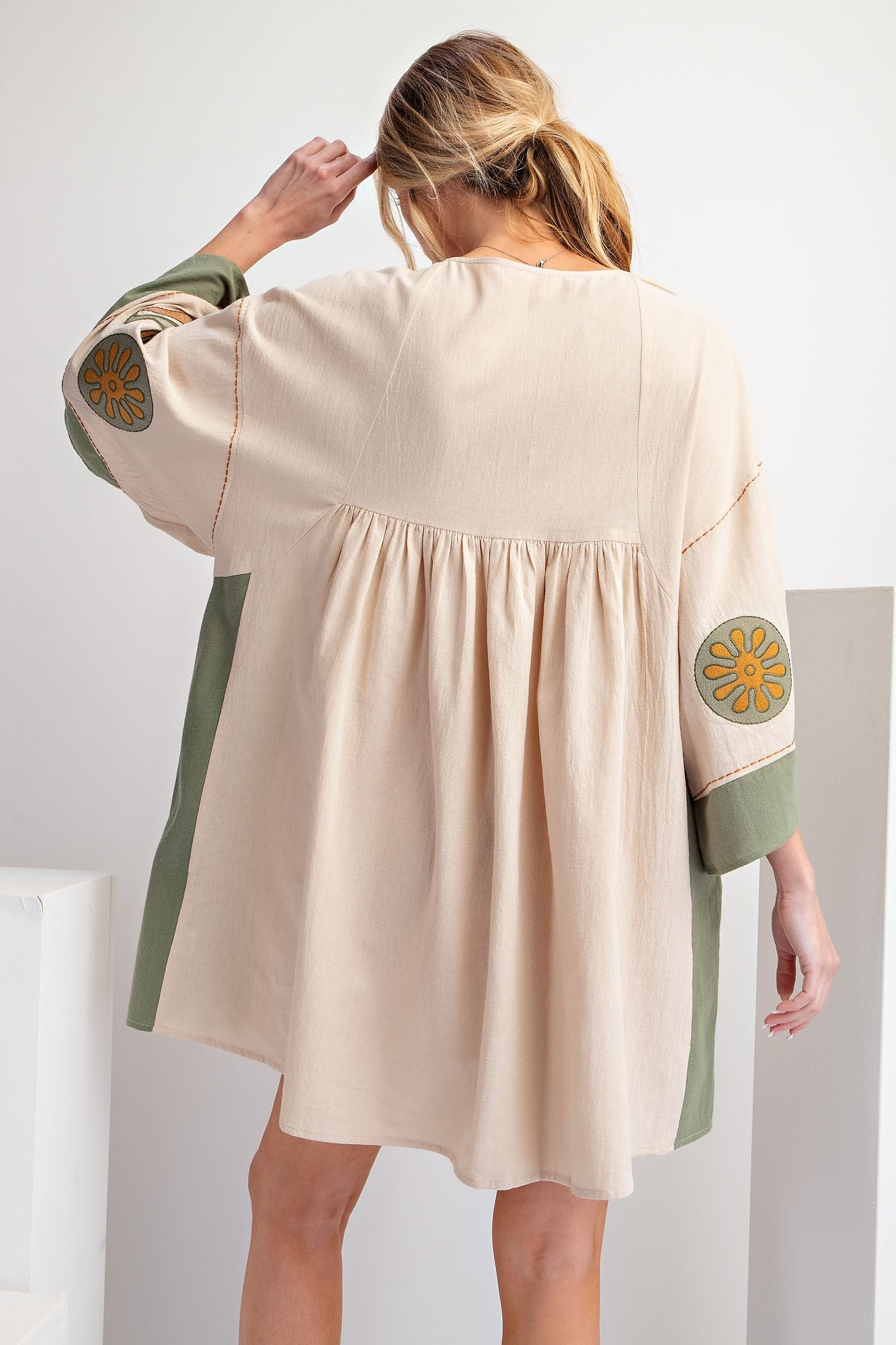 EMBROIDERED POLY LINEN WOVEN DRESS