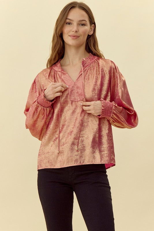 Golden Metallic Frilled Tie Neck Top