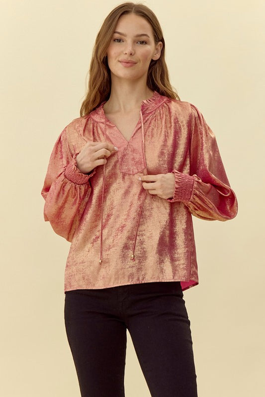 Golden Metallic Frilled Tie Neck Top