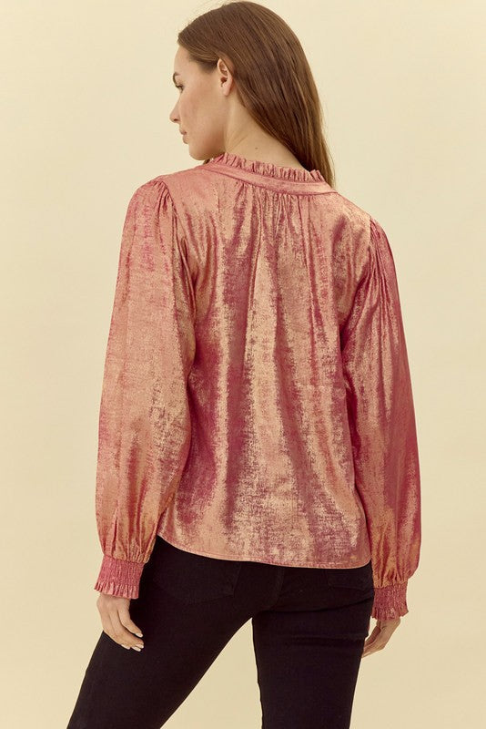 Golden Metallic Frilled Tie Neck Top