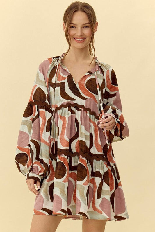 Abstract Print Tassel Neck Dress