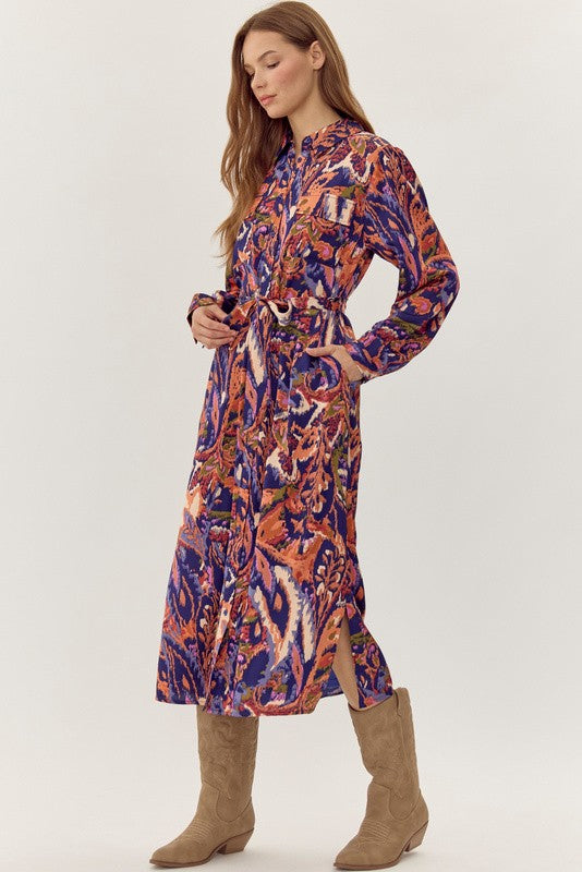 Print Belted Waist Midi Dress