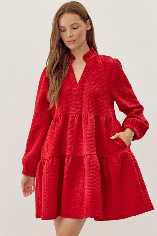 Red / Tiered Dress w/Braided Texture