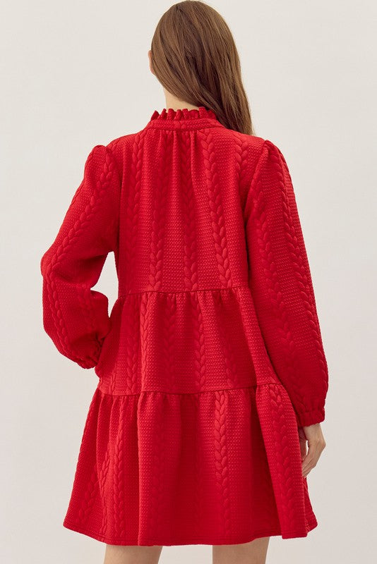 Red / Tiered Dress w/Braided Texture