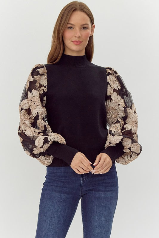 Ribbed Floral Mesh Puff Sleeves Top