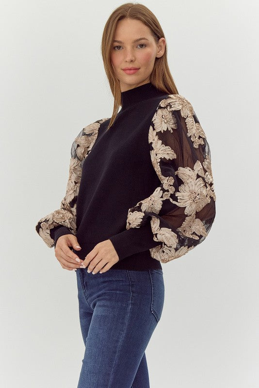 Ribbed Floral Mesh Puff Sleeves Top