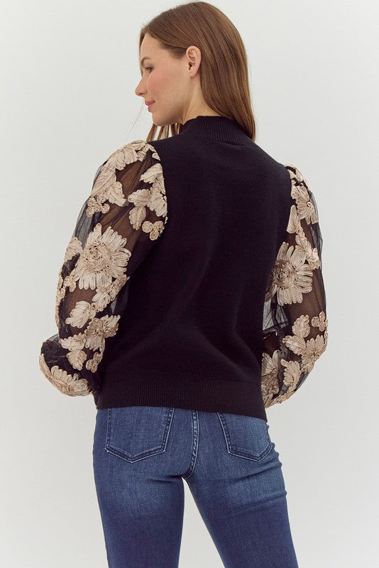 Ribbed Floral Mesh Puff Sleeves Top