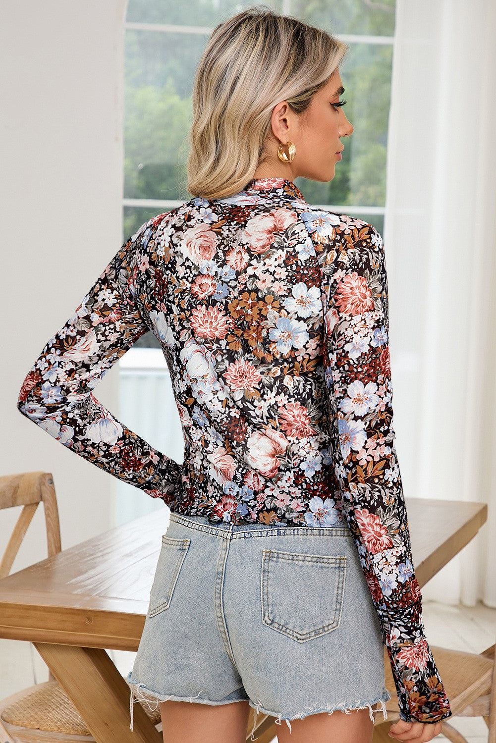 Floral Mesh High Neck Sheath Blouse