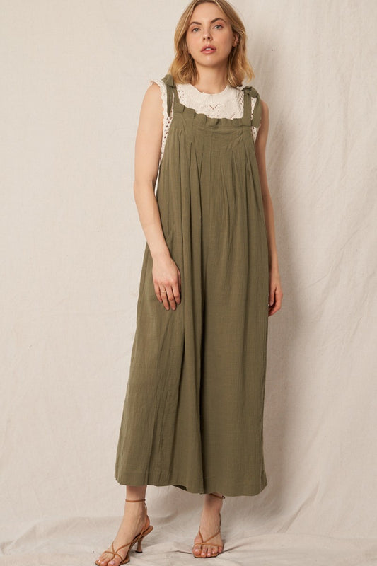 Ruched Neck Shoulder Tie Loose Fit Jumpsuit