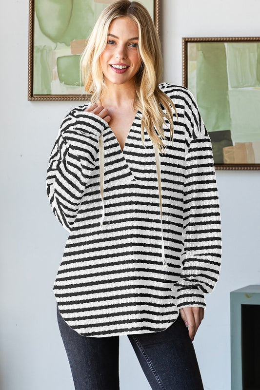 LONG PUFF SLEEVE STRIPE HOODIE TOP