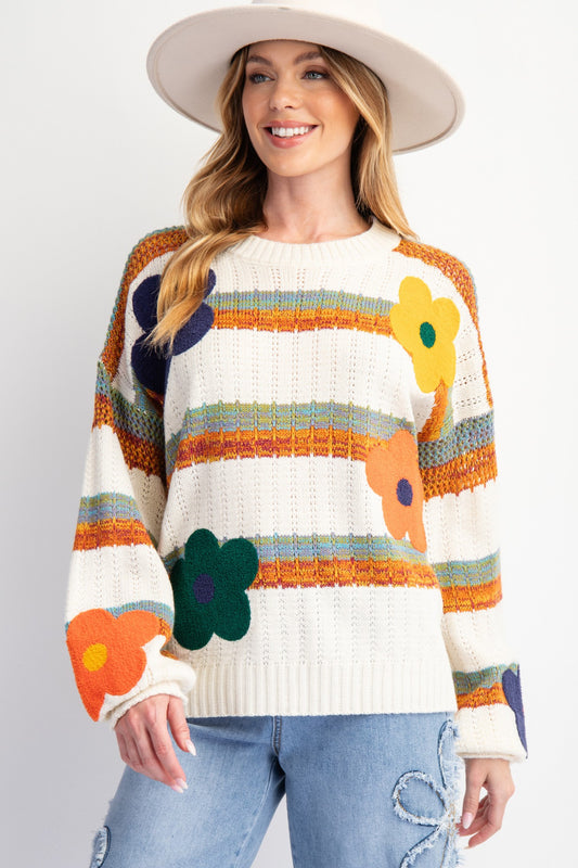 STRIPED FLOWER PATCH KNIT SWEATER PULLOVER