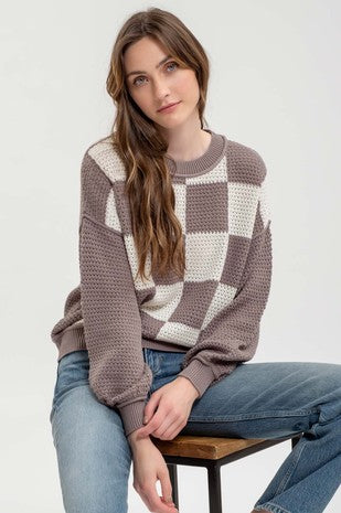 Checked Crochet Knit Sweater