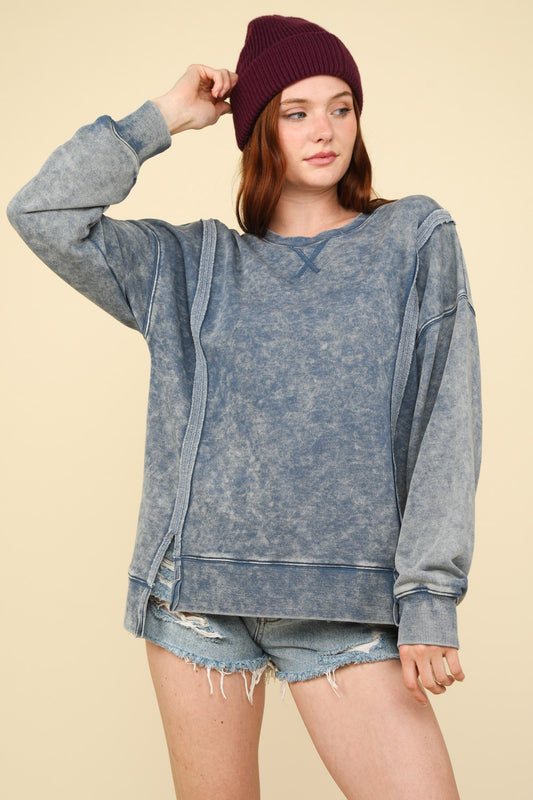 Mineral Washed Long Sleeve Front Slit Detail Top