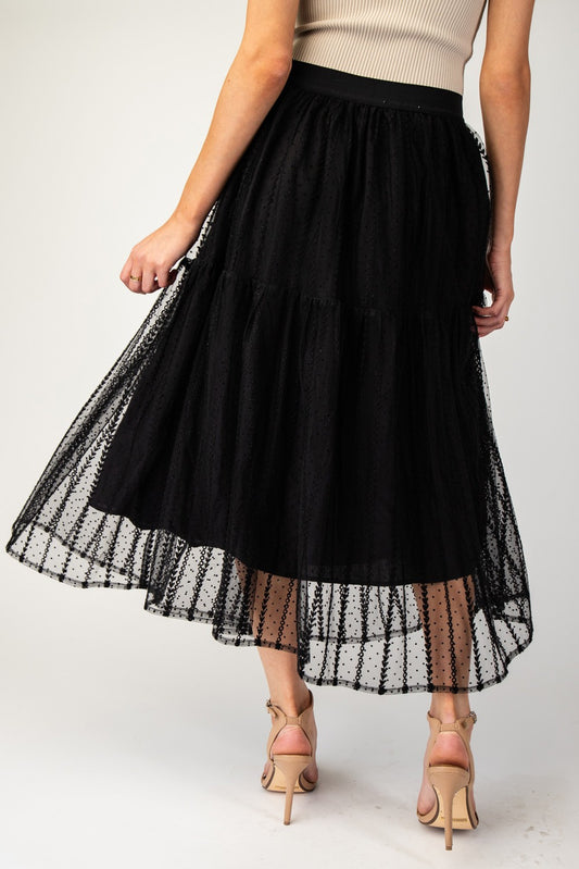 Tiered Mesh Embroidered Midi Skirt