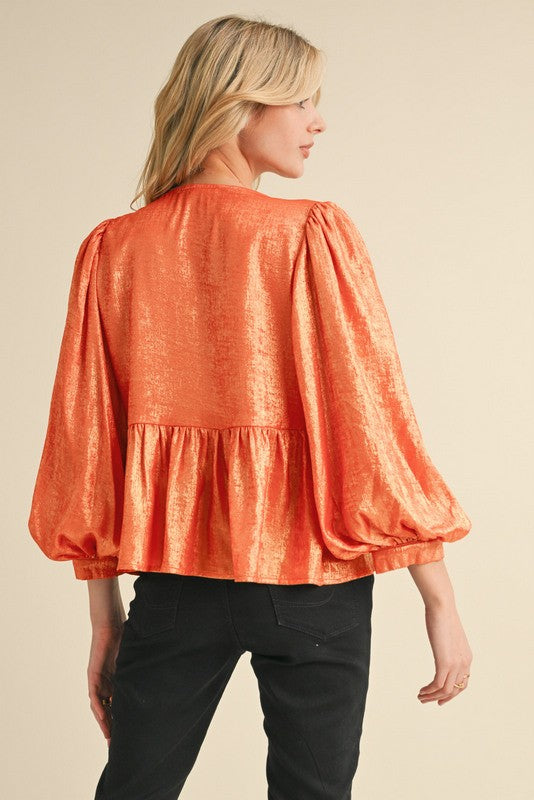 Orange / Metallic Peplum Top w/Bows