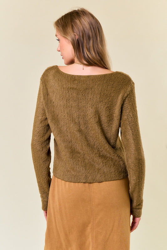 Soft Fuzzy Knit V- Neck Long Sleeve Cropped Top