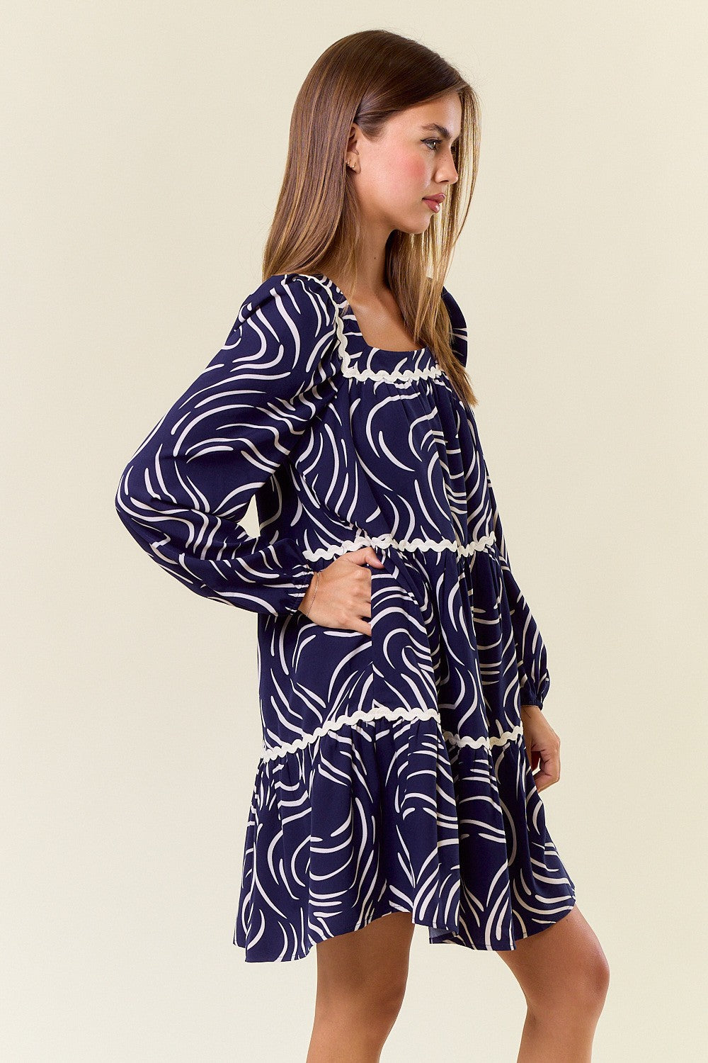 Abstract Printed Square Neck Long Sleeve Tiered Mini Dress