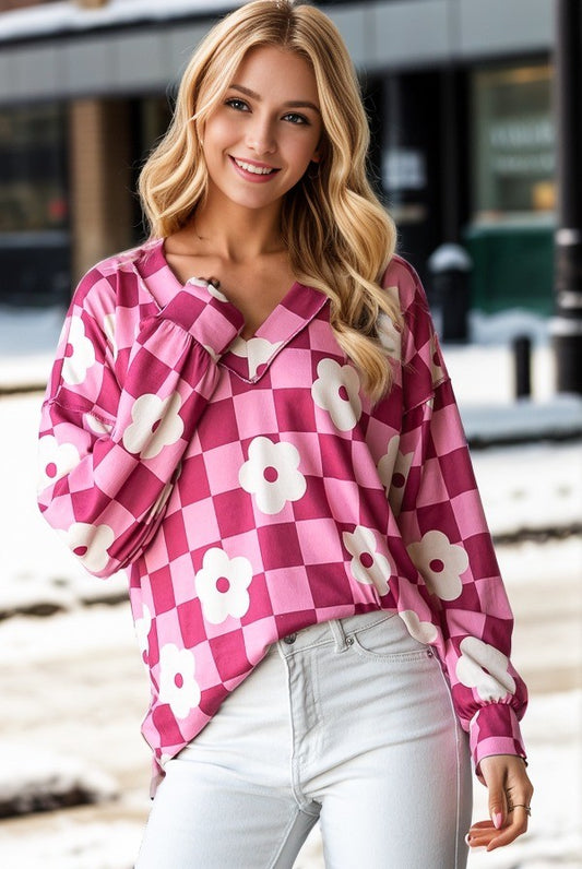 PUFF SLEEVE FLORAL V NECK TOP