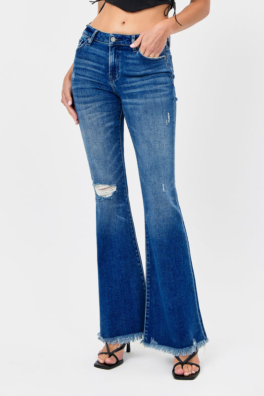 Hidden Dark Mid Rise Distressed 33in Inseam Flare