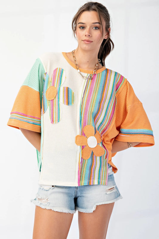 OVERSIZED Color Mix Daisy Patched Top in Green Ivory