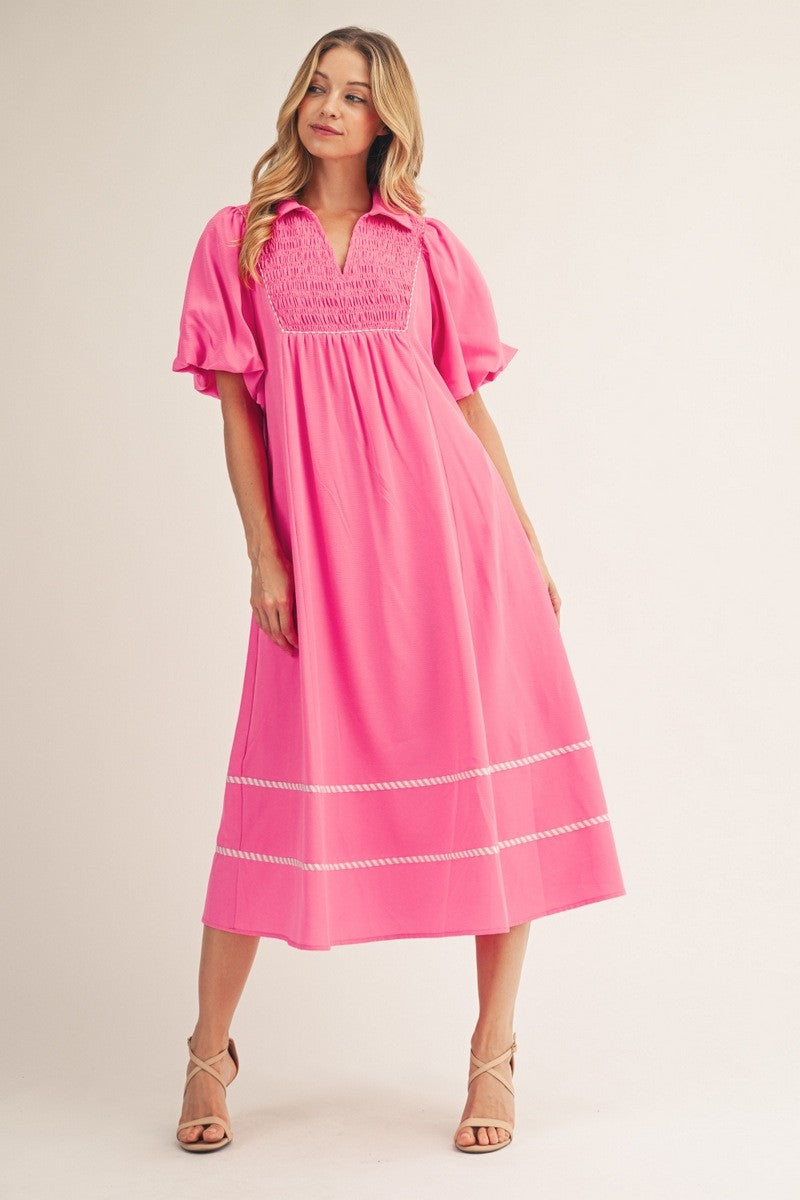 Smocking Chest Detail Solid Midi Dress