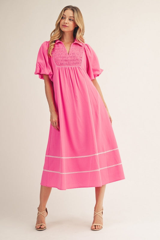 Smocking Chest Detail Solid Midi Dress