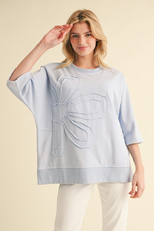 Flower Embroidery 3/4 Dolman Sleeves Top