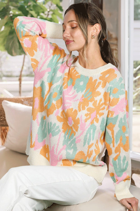 LONG SLEEVE FLORAL JACQUARD SWEATER