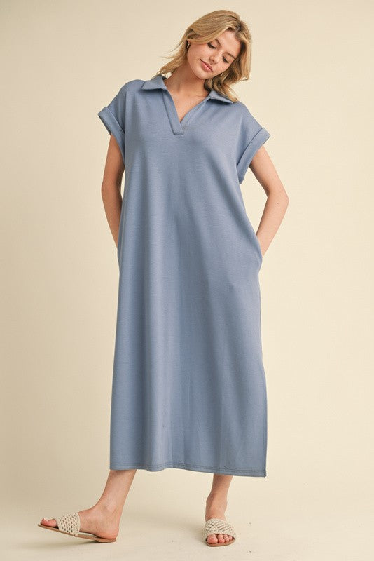 Solid Collared Midi Dress with Pockets