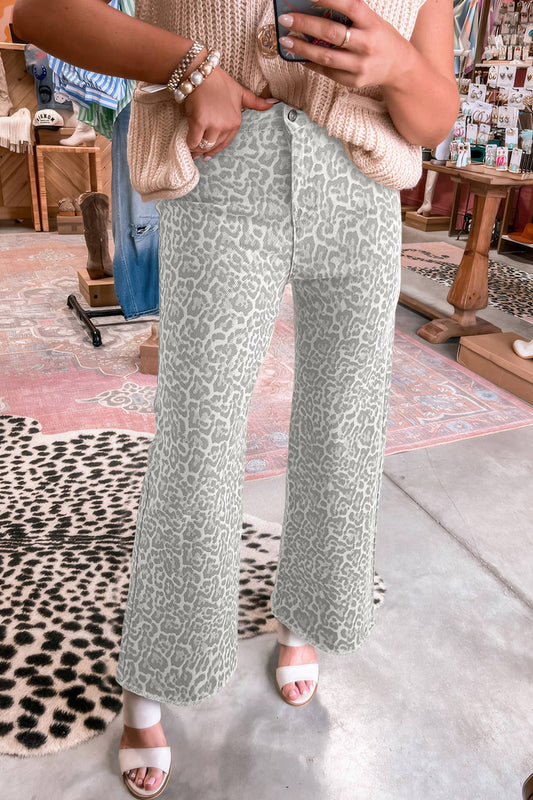 Leopard Frayed Edge Wide Leg High Waist Jeans