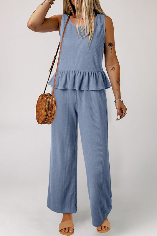 Solid Color Ribbed Ruffle Tank Top And Pants Set