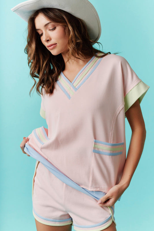 Solid French Terry Color Block T Shirt
