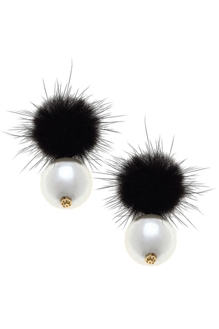 Aster Mink Pom & Pearl Earrings