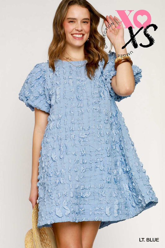 Balloon Textured Round Neck Mini Dress