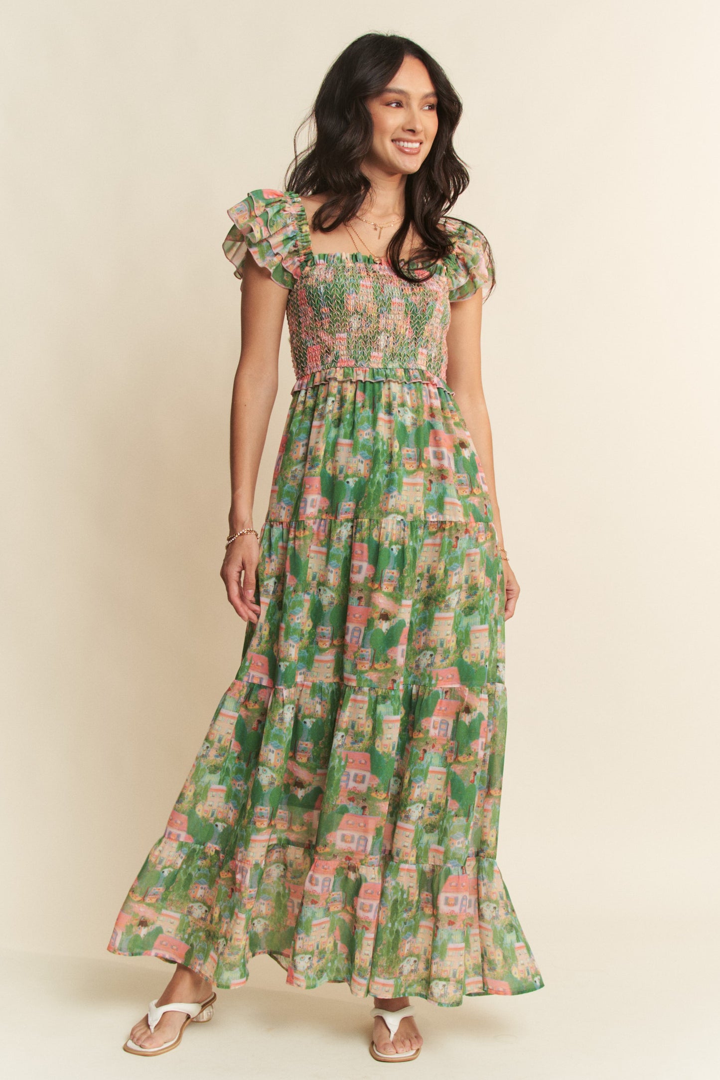 Village Smocking Bodice Ruffle Sleeve Maxi Dress