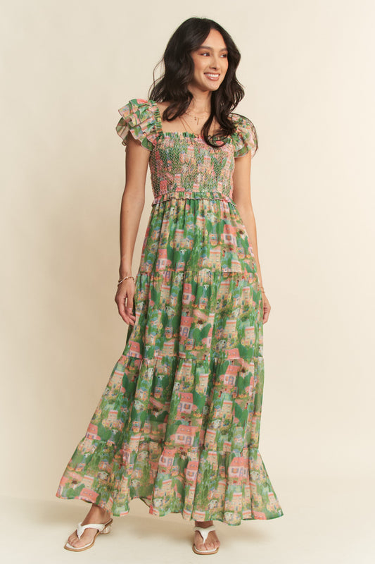 Village Smocking Bodice Ruffle Sleeve Maxi Dress