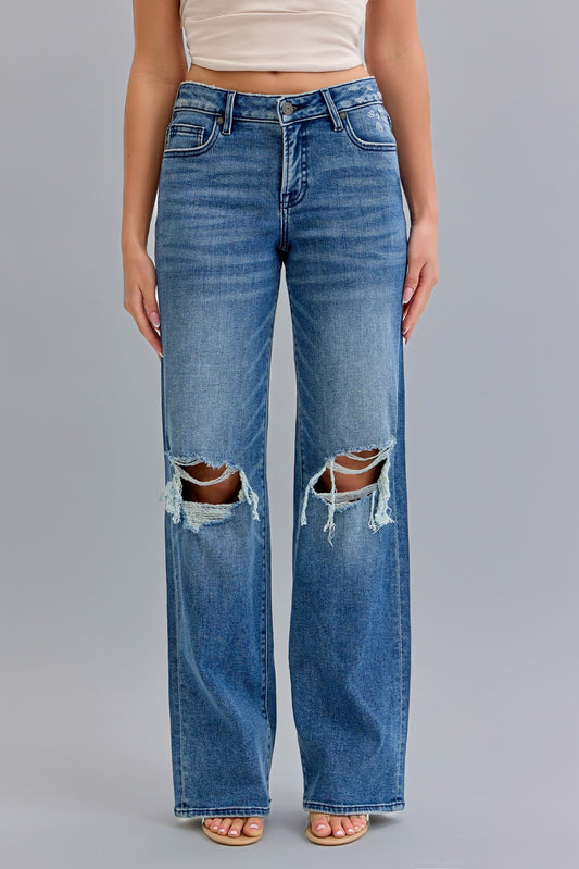 Dark Wash Mid Rise Distressed Dad Jean