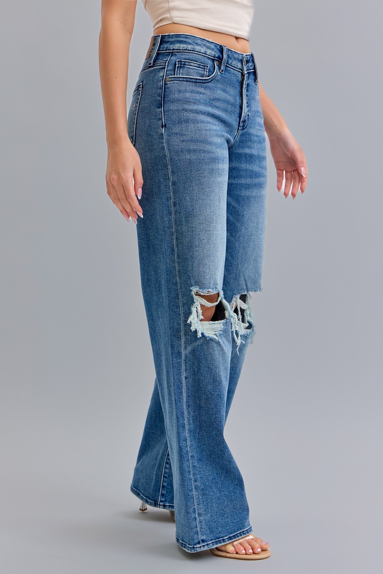 Dark Wash Mid Rise Distressed Dad Jean