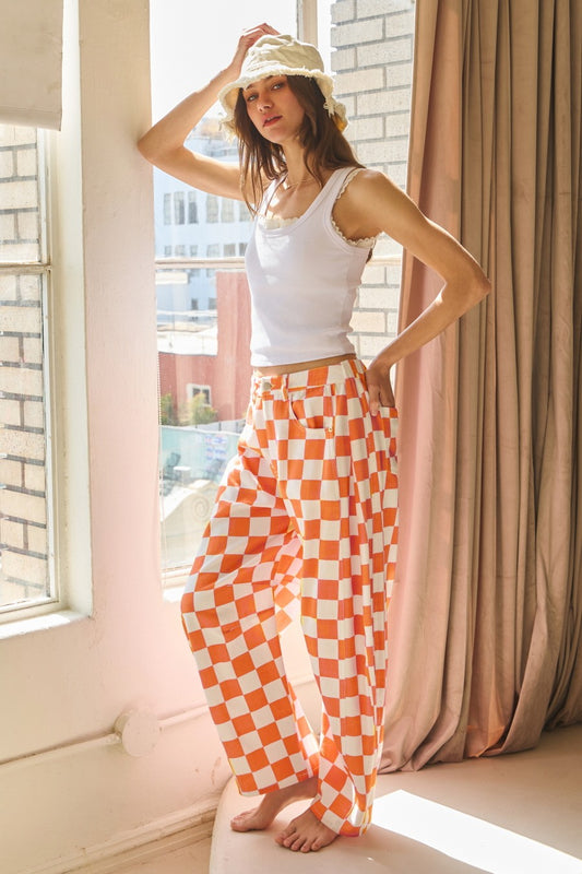 Checkered Printed Barrel Denim Pants