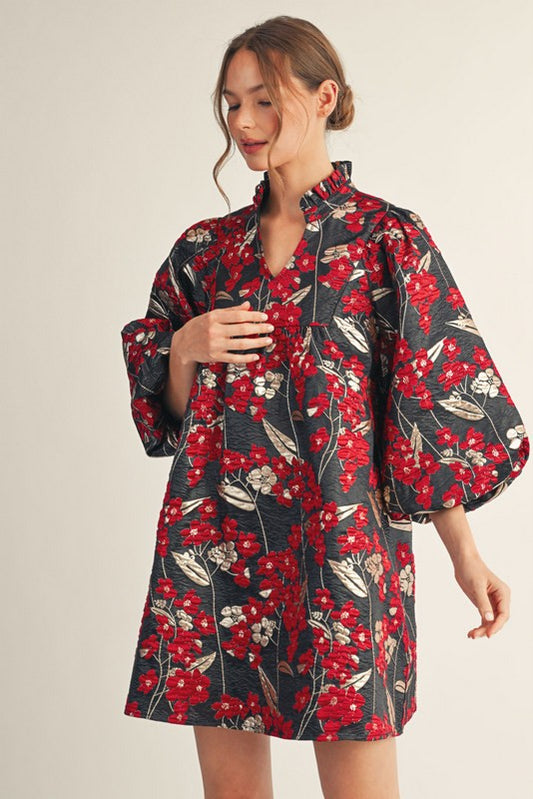 Ruffled Neck Floral Jacquard Dress