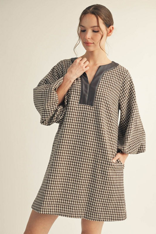 Faux Leather Contrast Herringbone Dress brown