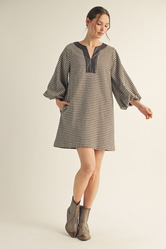 Faux Leather Contrast Herringbone Dress brown