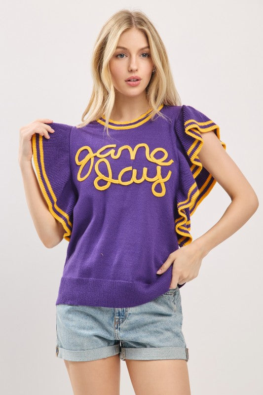 Purple Ruffle Sleeve Varsity Game Day Knit Top