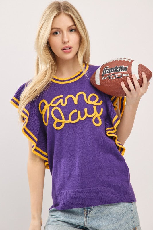 Purple Ruffle Sleeve Varsity Game Day Knit Top