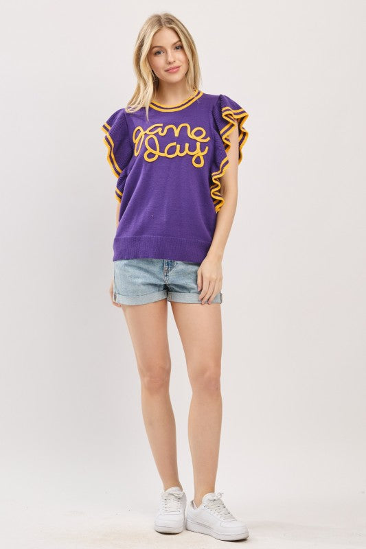 Purple Ruffle Sleeve Varsity Game Day Knit Top