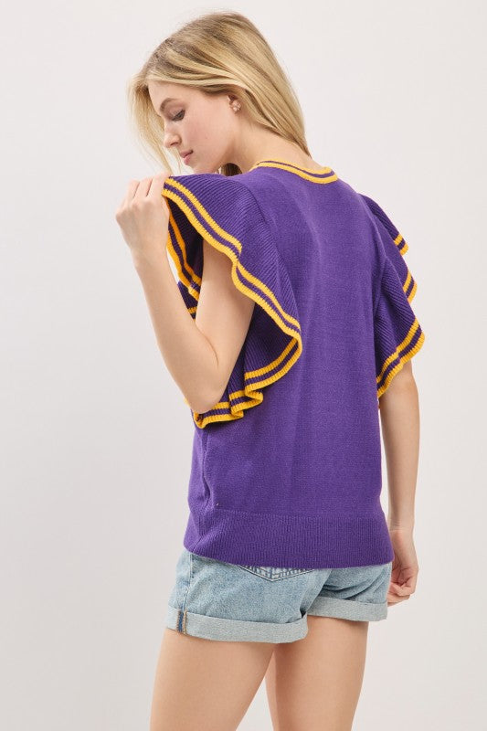 Purple Ruffle Sleeve Varsity Game Day Knit Top